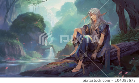 Anime character on the background of forest river Anime character on the background of forest river 104385672