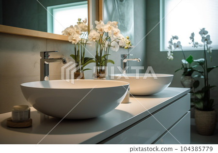 Washbasin and bathroom in white modern style with Generative AI 104385779