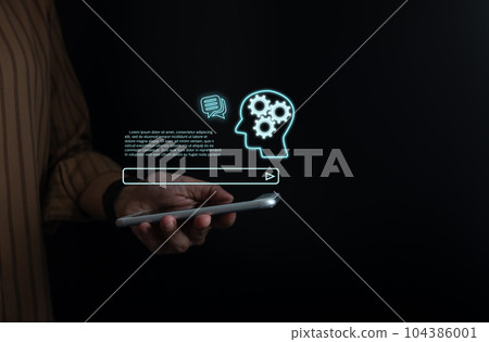 AI technology, Artificial Intelligence, Chatbot Chat and talk with AI, Using for search and find data by command prompt, robot learning machine create or generate picture or article auto 104386001