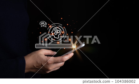 AI technology, Artificial Intelligence, Chatbot Chat and talk with AI, Using for search and find data by command prompt, robot learning machine create or generate picture or article auto 104386002