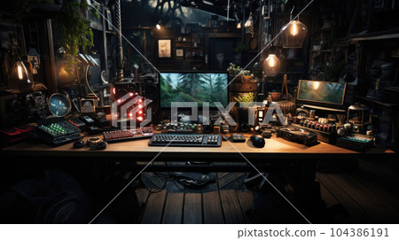 Computer on the desk of the content creator and equipment other Computer on the desk of the content creator and equipment other 104386191