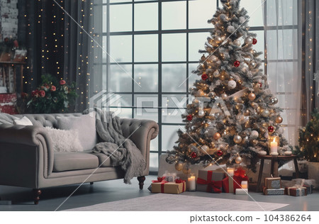 Living room decorated in Christmas style with Generative AI Living room decorated in Christmas style with Generative AI 104386264