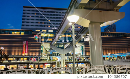 JR Kokura Station at night when the monorail runs in Kitakyushu City, Fukuoka Prefecture JR Kokura Station at night when the monorail runs in Kitakyushu City, Fukuoka Prefecture 104386707