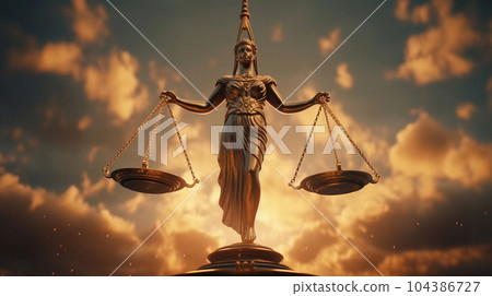 Justice. Golden scales in the sky. Time to make a choice 104386727
