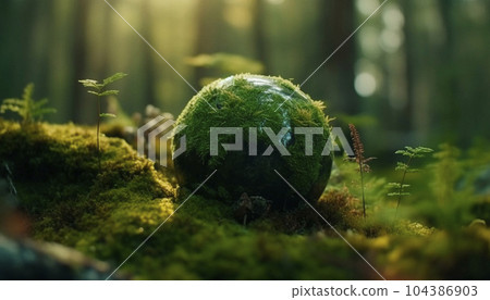 a glass ball in the form of a planet on the moss. Nature protection a glass ball in the form of a planet on the moss. Nature protection 104386903
