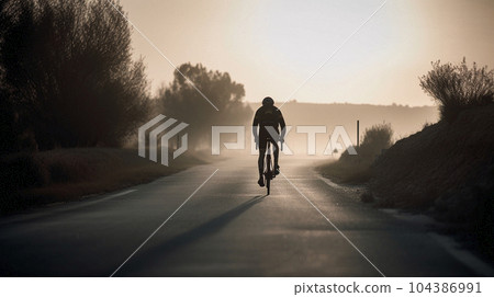 a cyclist rides towards the dawn a cyclist rides towards the dawn 104386991