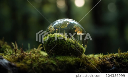 a glass ball in the form of a planet on the moss. Nature protection 104386999