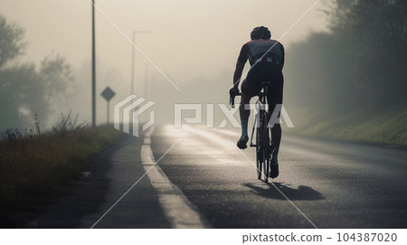 a cyclist rides towards the dawn 104387020