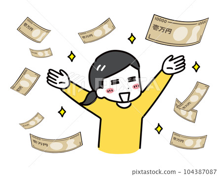 A young woman in casual clothes (upper body) delighted with a large amount of banknotes 104387087