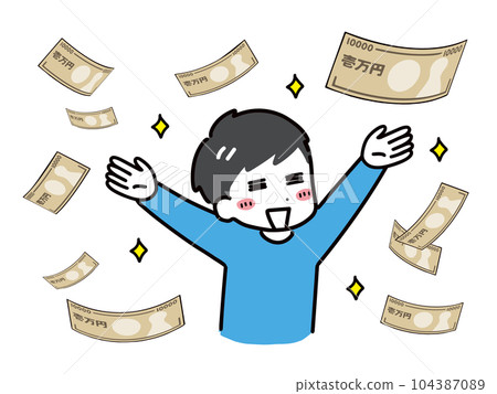 A young man in plain clothes (upper body) is delighted with a large amount of banknotes 104387089