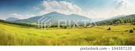 summer panorama of the field and the blue sky in the mountains 104387120