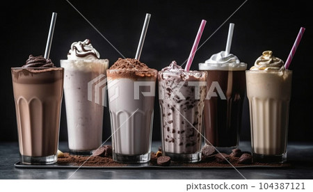 background with milkshakes on the table 104387121