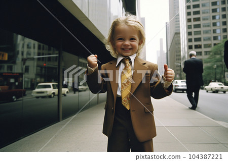 Happy girl in businessman costume with Generative AI 104387221