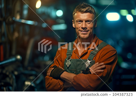 happy male mechanic standing with wrench showing his arms crossed with Generative AI 104387323