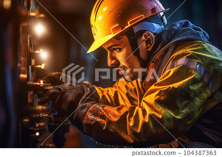 male industrial worker with helmet fixing valve of water pipe with Generative AI 104387363