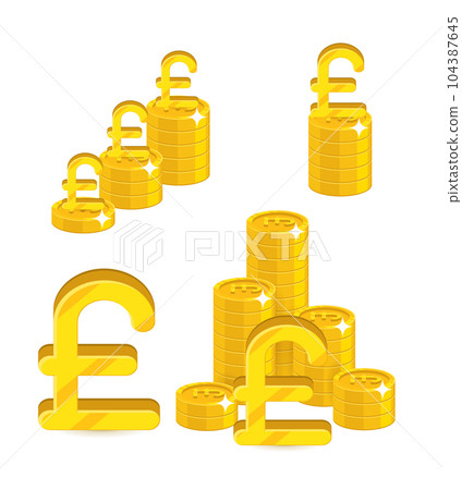 Piles gold pounds isolated cartoon set. A lot of stacks and slides of gold pounds and pound signs for designers and illustrators. Gold bunches of pieces in the form of a vector illustration 104387645