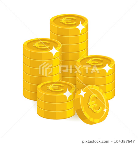 Stack gold euro isolated cartoon. Bunches of gold euro and euro signs for designers and illustrators. Gold stacks of pieces in the form of a vector illustration 104387647