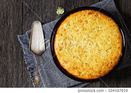 Chicken Tamale Pie in baking dish, top view Chicken Tamale Pie in baking dish, top view 104387650