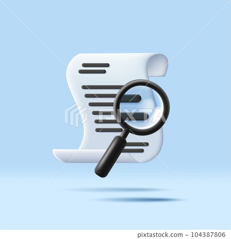 3d render vector paper contract document or receipt bill with search magnifying glass symbol design. Rolled parer roll 3d render vector paper contract document or receipt bill with search magnifying glass symbol design. Rolled parer roll 104387806