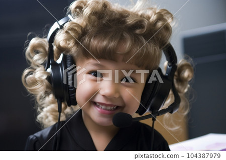 Happy girl in Customer Service Representative costume with Generative AI 104387979