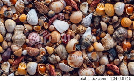 Background image with various seashells arranged: detailed CG image Background image with various seashells arranged: detailed CG image 104388146