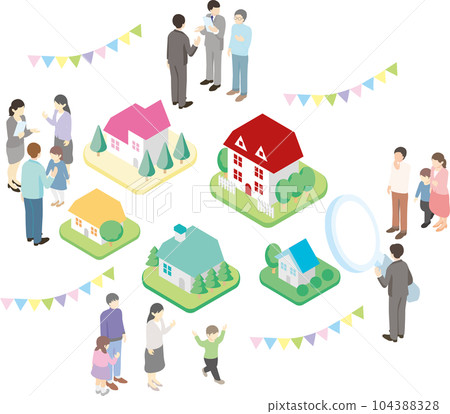Isometric house housing real estate townscape person family illustration material set Isometric house housing real estate townscape person family illustration material set 104388328
