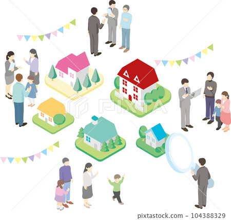 Isometric house housing real estate townscape person family illustration material set Isometric house housing real estate townscape person family illustration material set 104388329