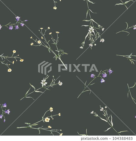 Watercolor floral seamless pattern in vintage rustic style, colored garden, hand painting print with meadow flowers, leaves and plants, design texture. Bluebell, buttercup, stellaria holostea. Watercolor floral seamless pattern in vintage rustic style, colored garden, hand painting print with meadow flowers, leaves and plants, design texture. Bluebell, buttercup, stellaria holostea. 104388483