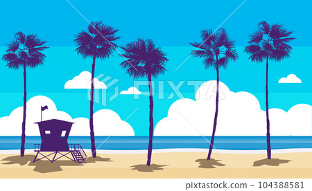 Beach landscape with Lifeguard Tower, Station. Palms, sea, ocean, coast view Beach landscape with Lifeguard Tower, Station. Palms, sea, ocean, coast view 104388581