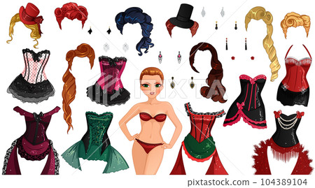 Cabaret Paper Doll with Cute Cartoon Character, Outfits, Hairstyles and Earrings. Vector Illustration 104389104