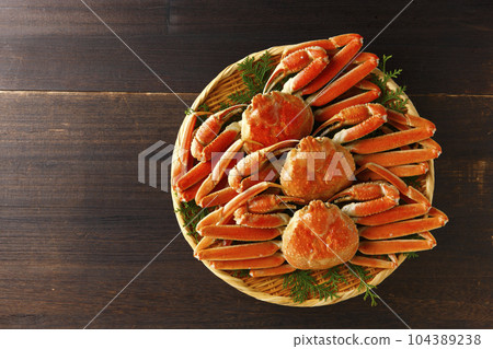 A bird's-eye view of snow crabs served in a basket A bird's-eye view of snow crabs served in a basket 104389238
