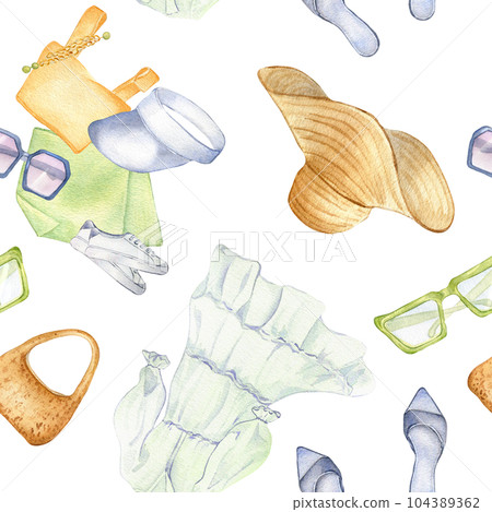 White dress, straw hat, bag, glasses watercolor seamless pattern isolated on white. Woman's summer beach outfit hand drawn. Design for shop, textile, packaging, showcase, summer print, background 104389362