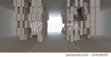Abstract architectural minimalistic background. Contemporary showroom. Modern concrete exhibition tunnel. Empty gallery. Backlight. 3D illustration and rendering. Abstract architectural minimalistic background. Contemporary showroom. Modern concrete exhibition tunnel. Empty gallery. Backlight. 3D illustration and rendering. 104389397