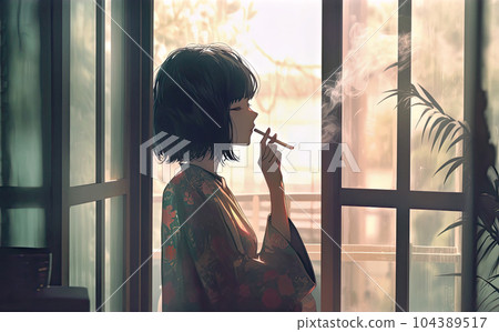 Young Japanese woman smoking by the window Young Japanese woman smoking by the window 104389517