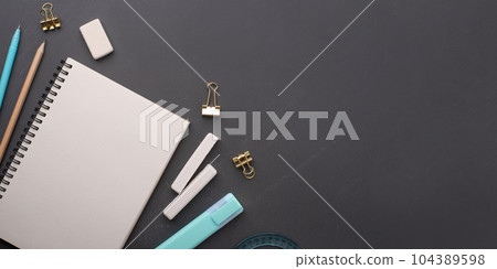 School supplies on black background. Back to school concept. Top view. Banner with copy space. School supplies on black background. Back to school concept. Top view. Banner with copy space. 104389598