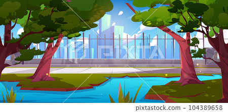 Summer city park with pond and path near fence Summer city park with pond and path near fence 104389658