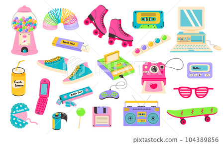 Retro 80s 90s clipart set. Cute y2k glamour fashion patches, badges, emblems, stickers. Modern flat cartoon style. Retro 80s 90s clipart set. Cute y2k glamour fashion patches, badges, emblems, stickers. Modern flat cartoon style. 104389856