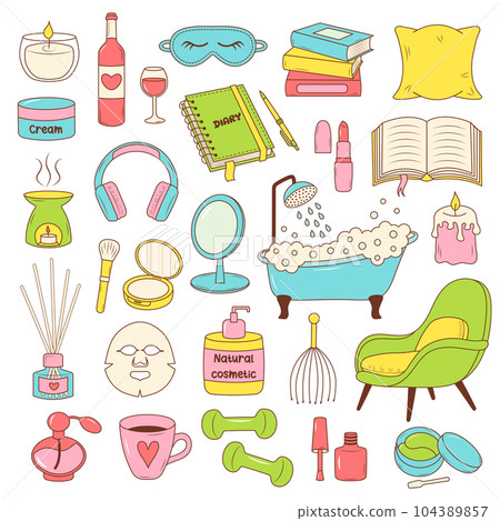 Me Time, relax, self care cartoon doodle set. Color line icons of hygge items. Me Time, relax, self care cartoon doodle set. Color line icons of hygge items. 104389857