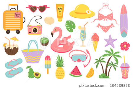 Summer beach set of icons. Cute cartoon stickers collection. Summer holiday, hello summer, beach party, relax concept. Summer beach set of icons. Cute cartoon stickers collection. Summer holiday, hello summer, beach party, relax concept. 104389858