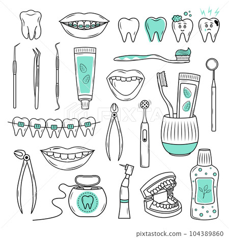 Cute doodle dentist set with various dental equipment. Line icons of dentistry. Stomatology, orthodontics, oral health care and hygiene, dental instruments. 104389860