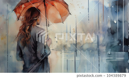 Scenery of a woman holding an umbrella on a rainy street corner: watercolor painting 104389879