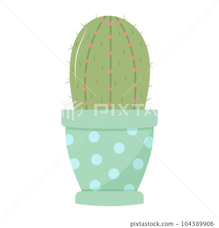 Cute blooming cactus in a pot. Domestic plant in pastel colors isolated on white background. 104389906