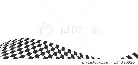 Waving race flag or chessboard horizontal background. Motocross, rally, sport car or chess competition banner. Checkered winding texture. Warped black and white squares pattern 104389920