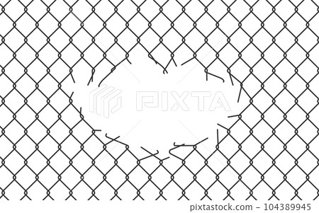 Broken wire mesh fence. Rabitz or chain link fence with cut hole. Torn wire pirson mesh texture. Cut metal lattice grid. Vector illustration isolated on white background 104389945
