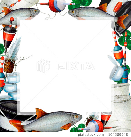 Watercolor drawing square frame from various fishing bobblers, fish, buckets, clover leaves, fishing nets, fishing line, bait cans. White background square in the middle. Angling gear for cards, logo Watercolor drawing square frame from various fishing bobblers, fish, buckets, clover leaves, fishing nets, fishing line, bait cans. White background square in the middle. Angling gear for cards, logo 104389948