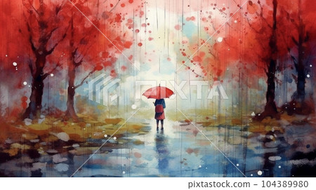 一位年輕女子打著傘在雨天公園散步的風景：水彩畫 104389980