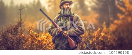 old hunter with a shotgun in the forest, banner made with Generative AI 104390198