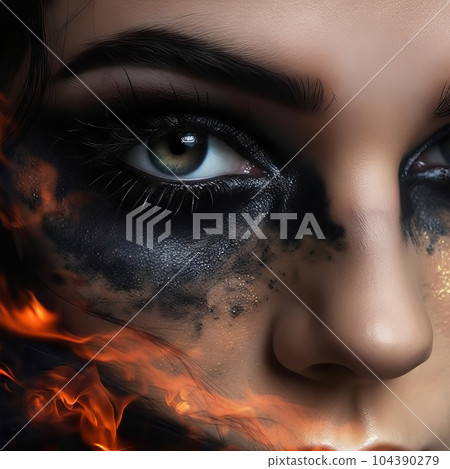 Face of a beautiful woman with black makeup and fire on her face. Fashion creative make-up. Fashion show. Face of a beautiful woman with black makeup and fire on her face. Fashion creative make-up. Fashion show. 104390279