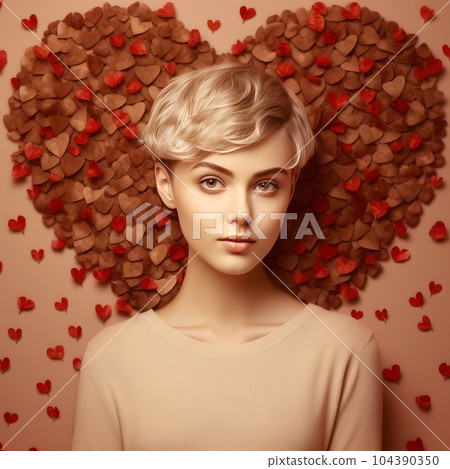 Portrait of a beautiful young woman with curly blonde hair and red hearts around her. Pretty happy girl posing against background wall big heart. Blonde woman with red roses in the shape of a heart Portrait of a beautiful young woman with curly blonde hair and red hearts around her. Pretty happy girl posing against background wall big heart. Blonde woman with red roses in the shape of a heart 104390350