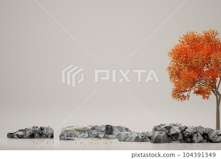 Autumn tree and rock isolated on blue background. Minimal concept with copy space. rendering. illustration Autumn tree and rock isolated on blue background. Minimal concept with copy space. rendering. illustration 104391349